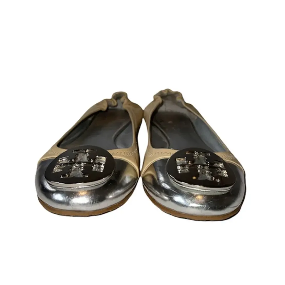 Tory Burch Beige and Silver Serena Mirror Leather Ballet Flats Size 6